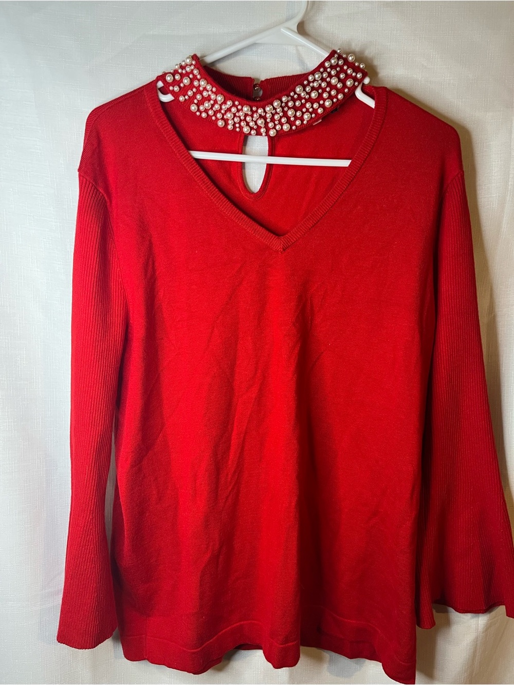Karl Lagerfeld Red V-Neck Sweater with Pearl-Embellished Mock Collar
